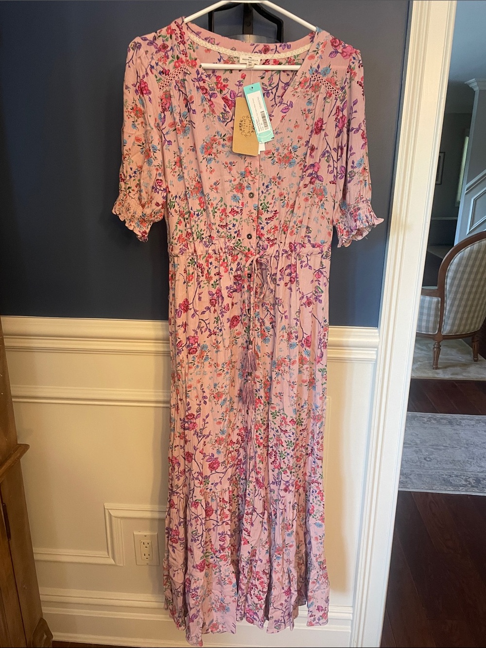 Light Pink Floral Maxi Dress with Tie Waist